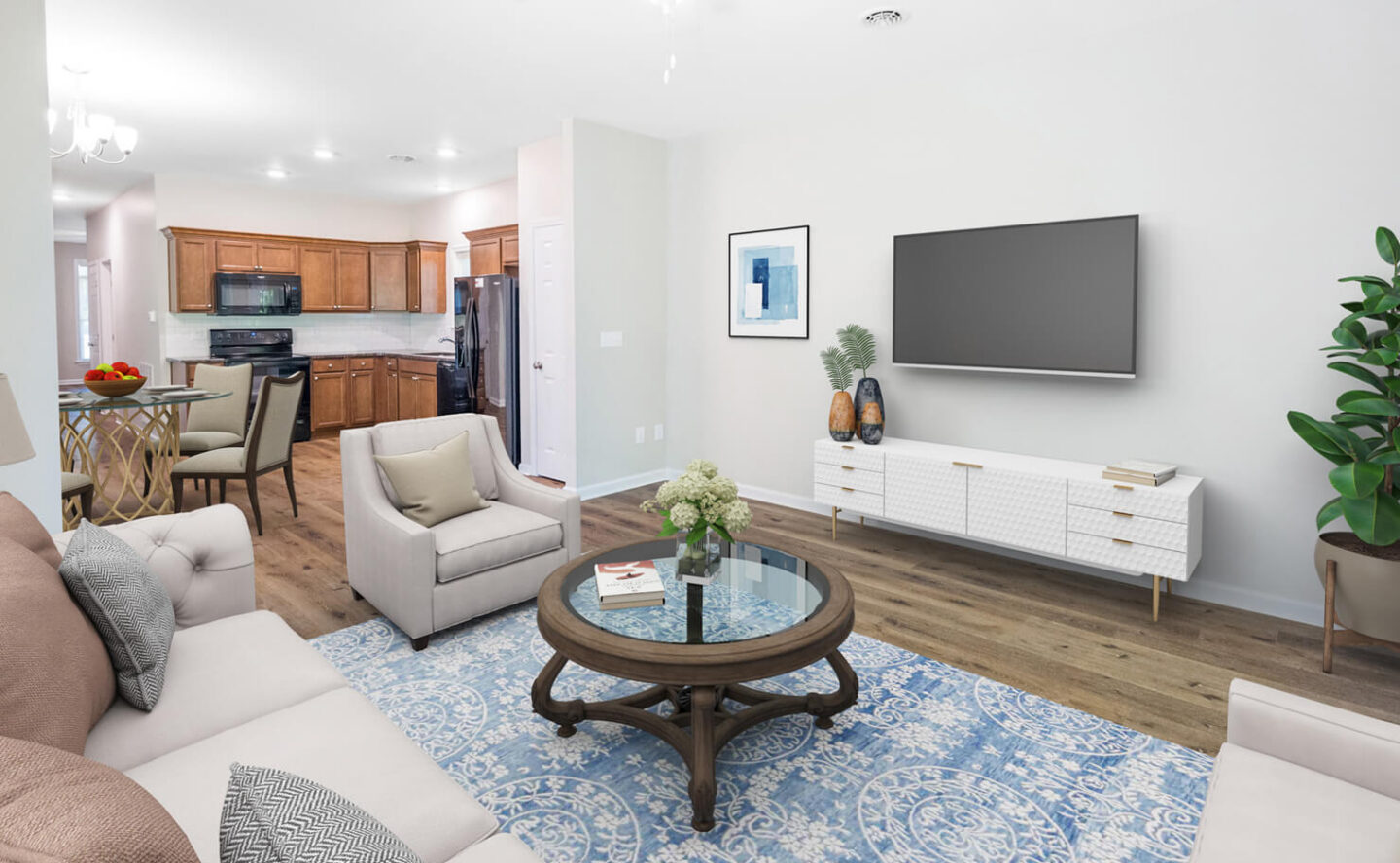 Bedroom with large windows and plush bedding